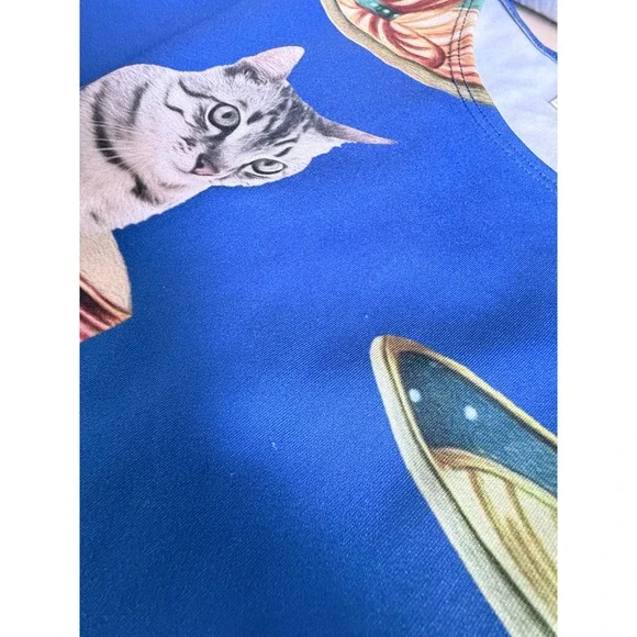 CowCow Womens XL Blue Cats in Teacups Skater Dress Sleeveless Fit Flare Novelty - Picture 3 of 7